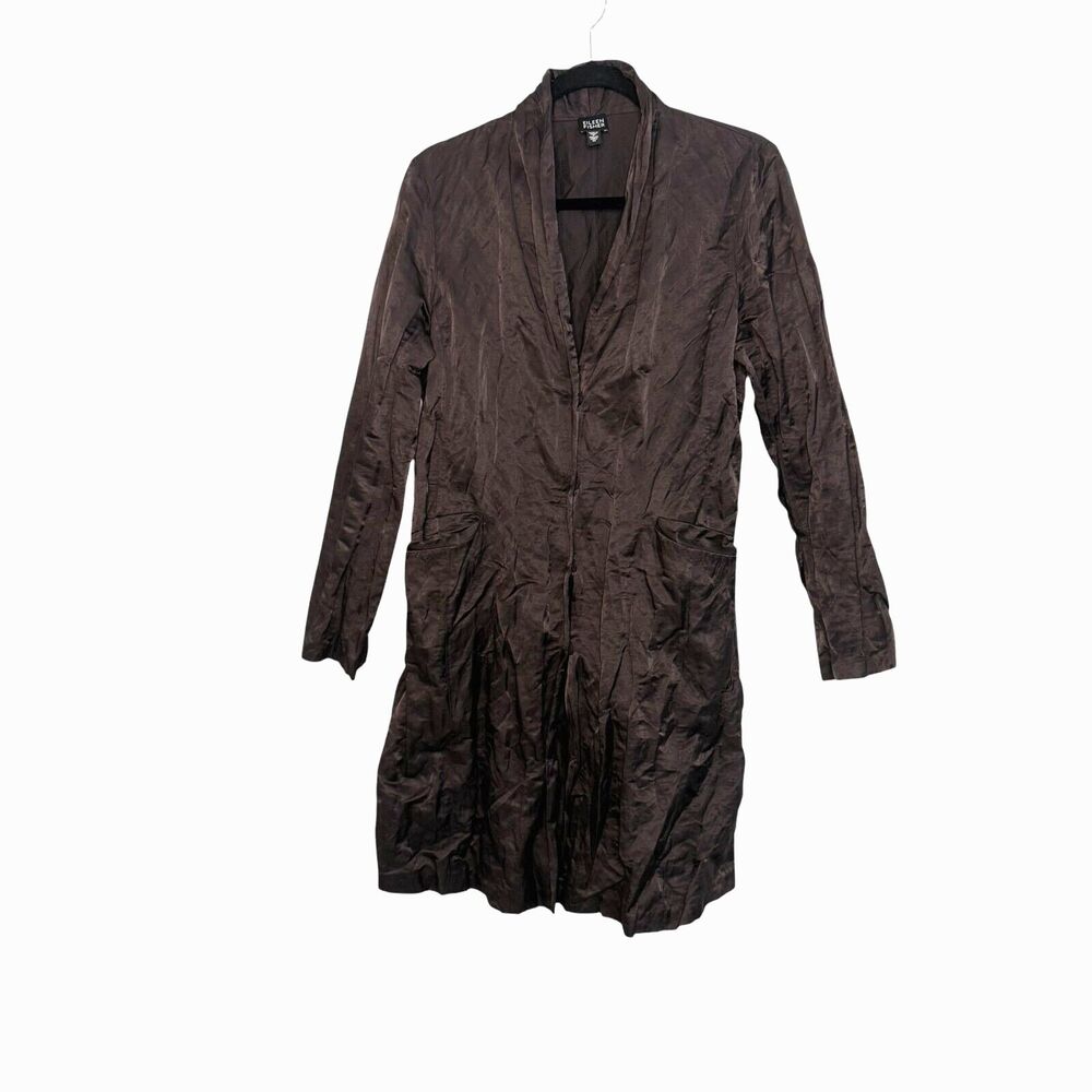 Eileen Fisher Metallic Crinkle Fabric Jacket Cocoa Snap Closure Pockets Size M